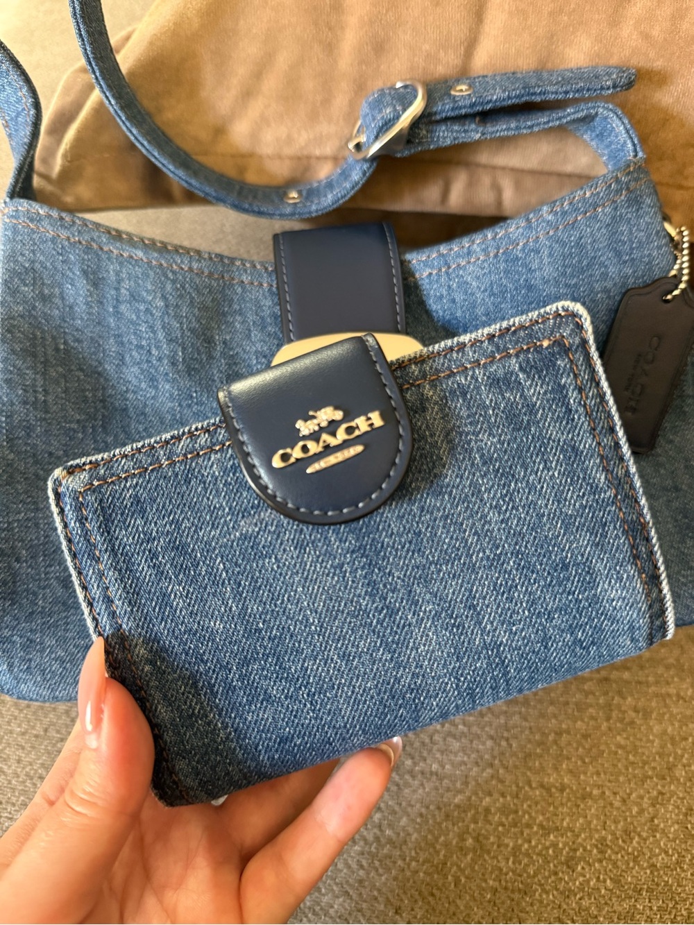 Coach Denim Shoulder Bag & Wallet with Navy Leather Trim and Silver Hardware - Picture 6 of 8